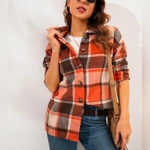 Orange & Brown Plaid Button-Up Shacket